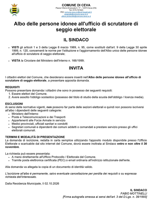 AVVISO PUBBLICO: Aggiornamento Albi Elettorali 2026